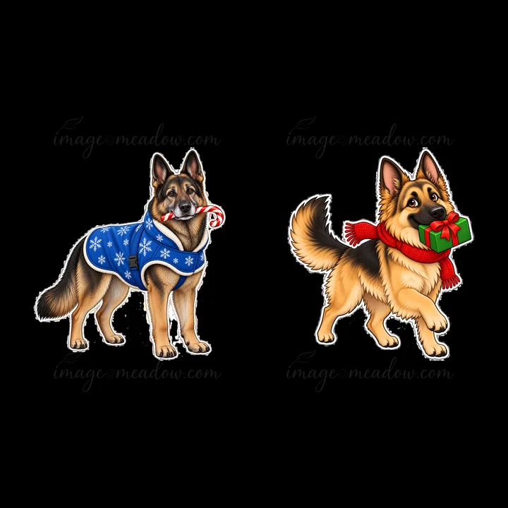 Two cartoon German Shepherds feature Christmas accessories. One wears a blue sweater and holds a candy cane, while the other has a red scarf and carries a gift.