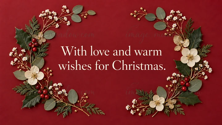 Cream-colored lettering reads “With love and warm wishes for Christmas.” on a deep red background, framed by an open arrangement of holly berries, evergreen spr