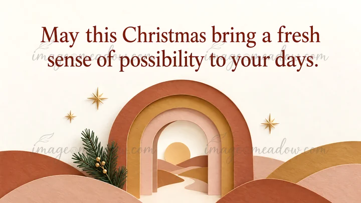 A cream Christmas greeting card features the message “May this Christmas bring a fresh sense of possibility to your days.” above layered terracotta, blush and o