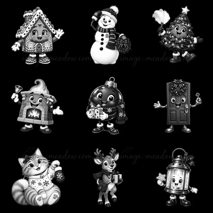 A grid of cartoon stickers shows nine Christmas-themed characters. They include a gingerbread house, snowman, Christmas tree, cat, reindeer, gift, fireplace, do