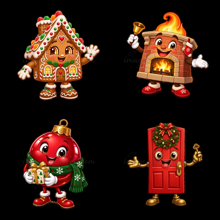 Four cartoon characters celebrate Christmas. A smiling gingerbread house waves, a fireplace holds a bell, a red ornament with a gift, and a cheerful door with a