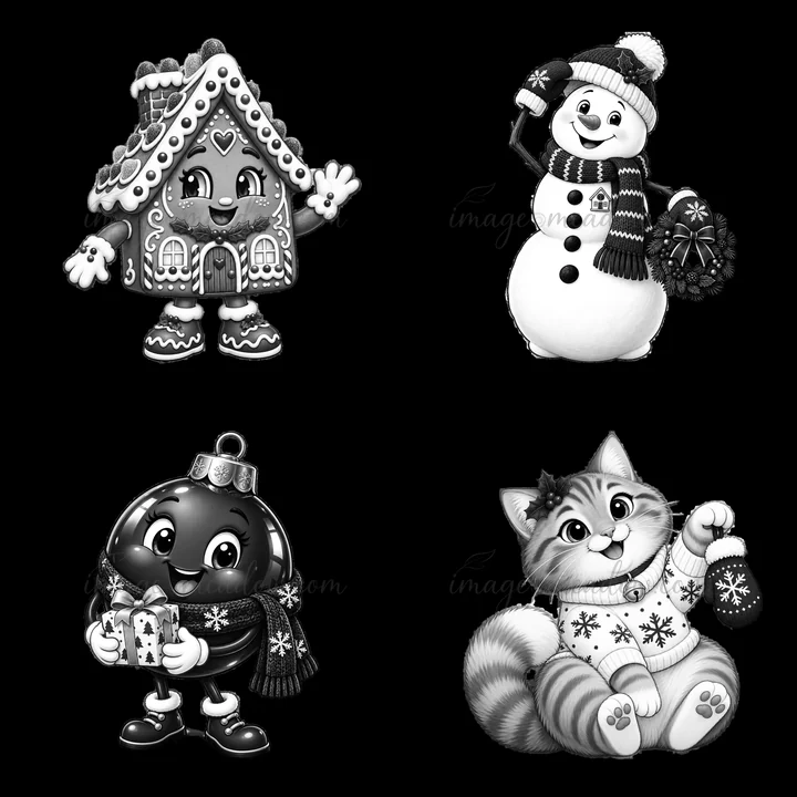 This cartoon sticker set shows a gingerbread house, a smiling snowman holding a scarf, a black ornament with a gift, and a cheerful cat with a mittens. The desi