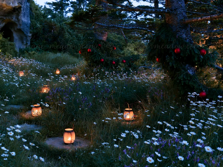 Lanterns glow softly in a meadow surrounded by trees and flowers at dusk. A cave is visible nearby, adding to the atmosphere of the setting. The space is decora