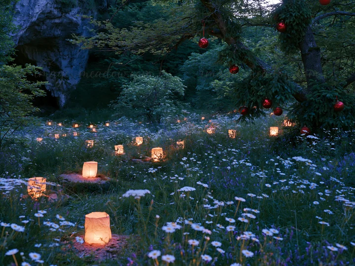 Lanterns light up a meadow filled with wildflowers during dusk, near a cave. The soft glow of the lanterns adds warmth to the natural setting, creating an invit