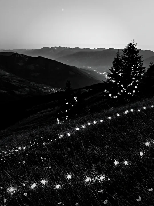 Bright lights shine across a deep mountain valley meadow during Christmas. The landscape offers a view of distant mountains and a valley below, all in the eveni