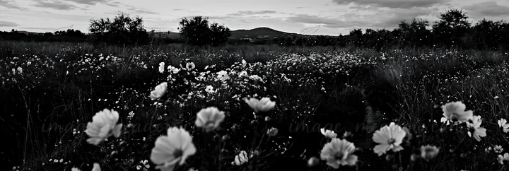Strings of Christmas lights hang beside a gentle stream in a meadow at dusk. The fading light glimmers off the water while the surrounding grass and flowers cre