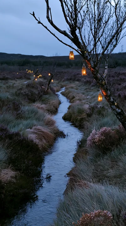 Lanterns hang from branches next to a stream in a meadow. The soft glow of the lights brightens the area as dusk settles over the landscape. The meadow is fille