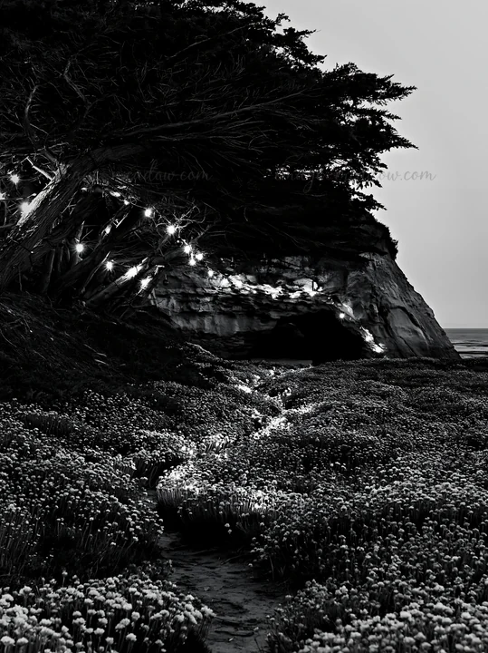 Bright Christmas lights are strung along the trees next to a cave in a meadow filled with tall grass and flowers. The scene is set during dusk, with soft light