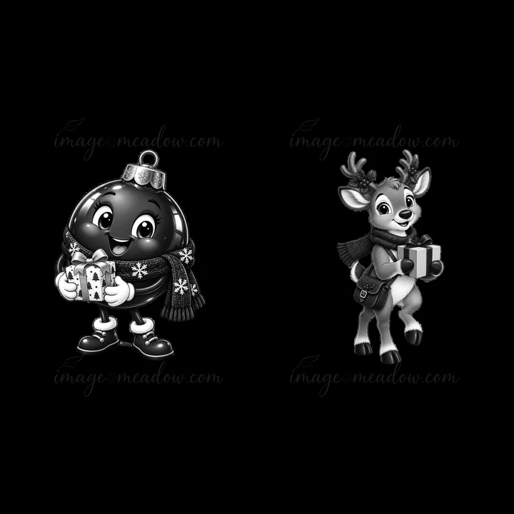 A cartoon ornament character is smiling while holding a gift in one hand. Next to it, a reindeer with antlers is also smiling, carrying two presents in its fron