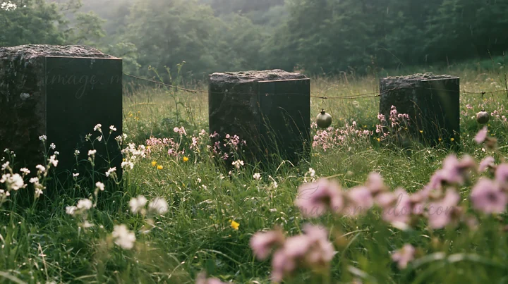 Ornaments hang above a small stream surrounded by wildflowers in a meadow. The scene showcases natural beauty and the decorative elements reflecting the festive