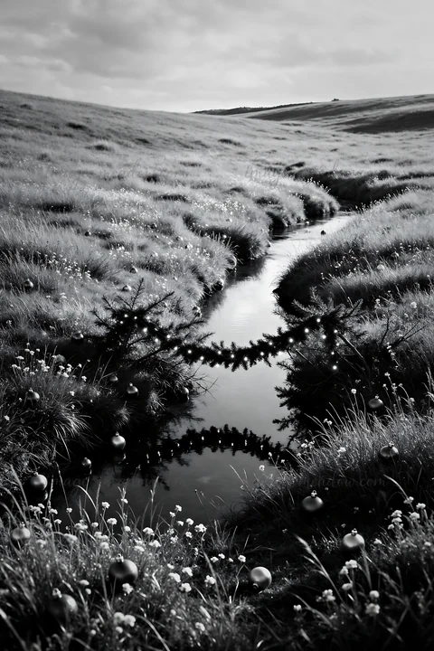 A stream flows through a grassy meadow decorated with Christmas ornaments. The scene features natural elements and holiday decorations. Clear water reflects the