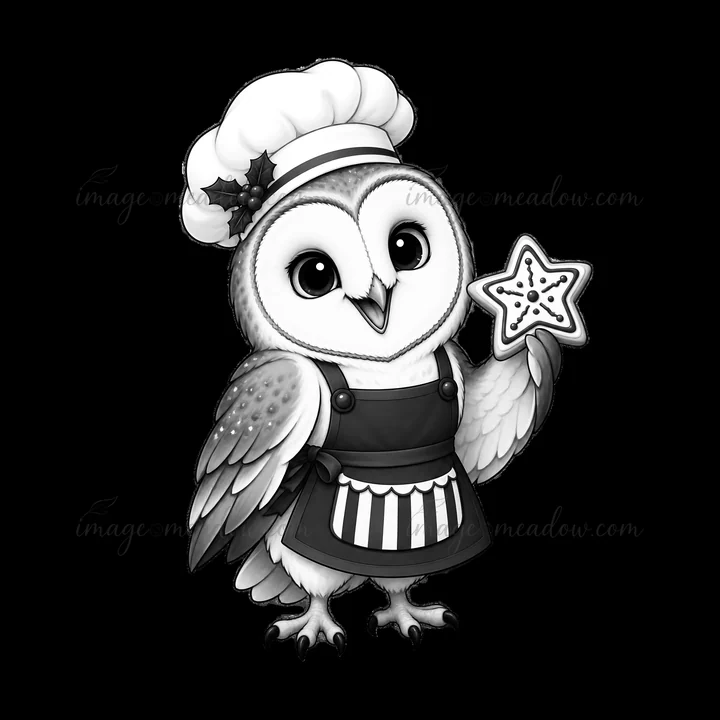 A cartoon owl dressed as a chef, wearing a white hat and black apron, stands smiling while holding a star-shaped cookie. The scene captures a festive cooking th