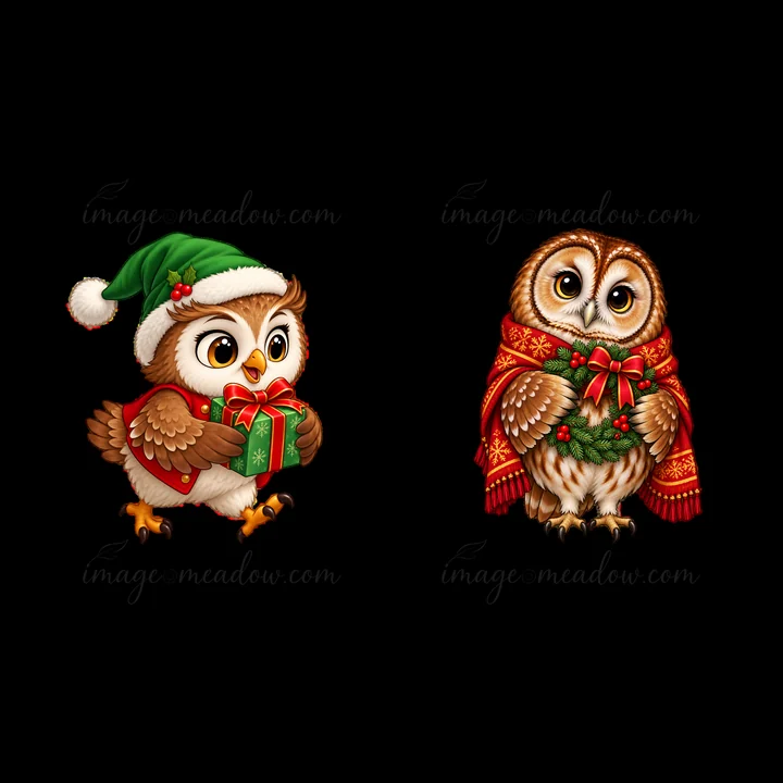 Two cartoon owls are dressed for Christmas. On the left, an owl wears a green hat and holds a gift. On the right, a second owl is wrapped in a festive wreath. T