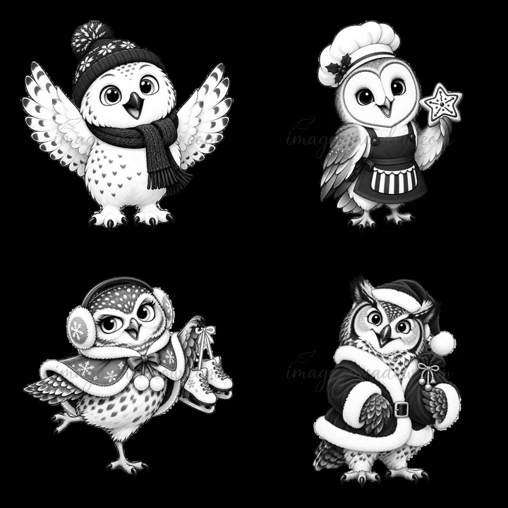 Four cartoon owls in black and white wear festive outfits. They are engaged in seasonal activities, such as decorating a star and skating. Each owl represents a
