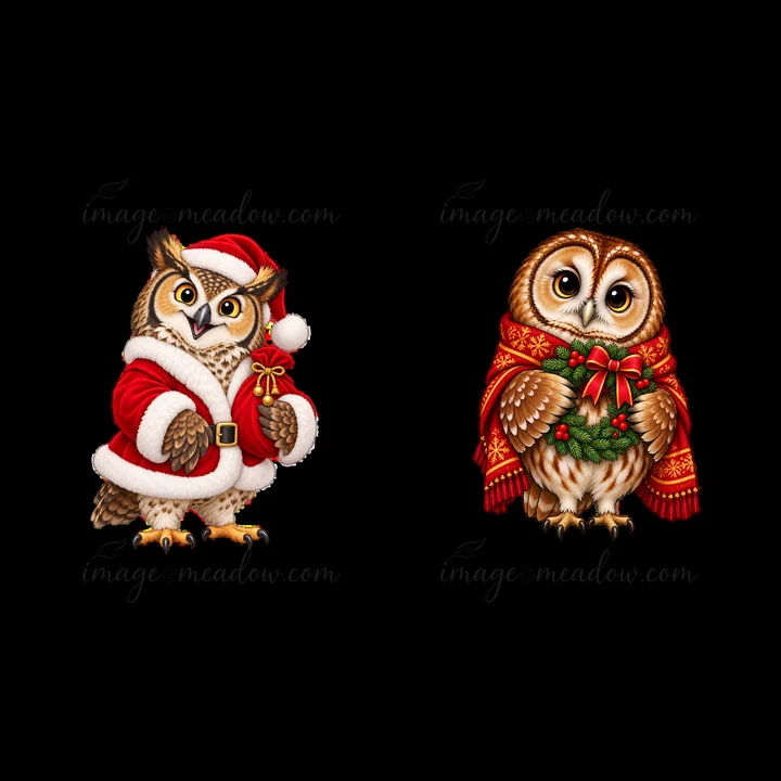 Two cartoon owls are dressed for Christmas. One owl wears a red Santa suit with a hat and holds a candy cane. The other owl wears a scarf and has a green wreath