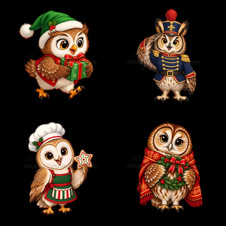 Four cartoon owls celebrate Christmas in a cheerful layout. One wears a Santa hat and holds a gift, another is dressed as a soldier, while the third is a chef w
