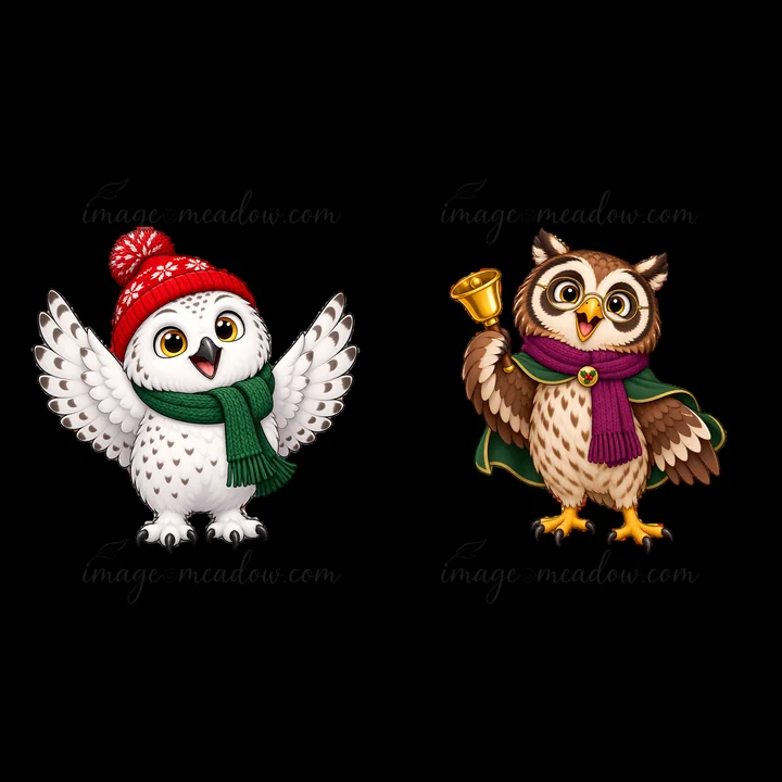 Two cartoon owls celebrate Christmas. The first owl is white with a red hat and green scarf. The second owl is brown with a bell and a purple scarf. Both stand