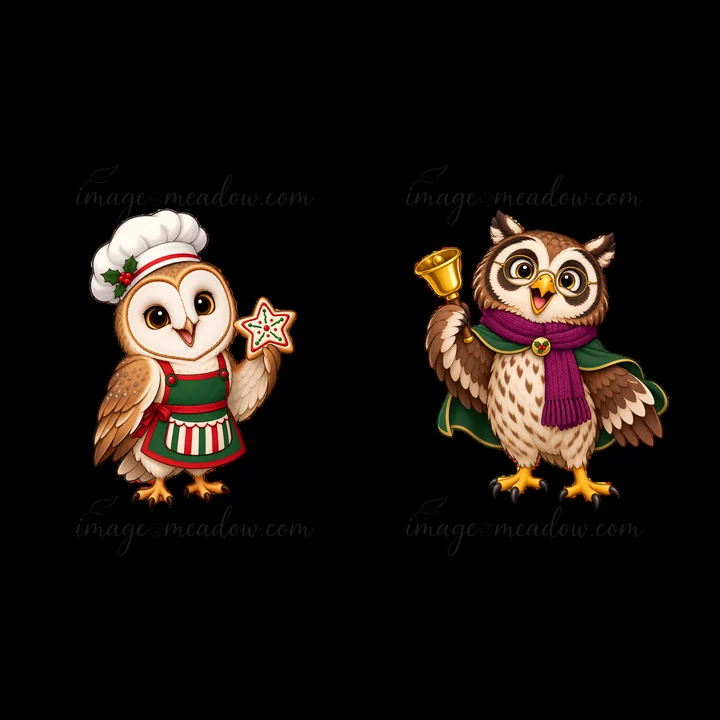 Two cute cartoon owls are ready for Christmas. One owl wears a chef's hat and holds a star cookie, while the other has a bell and wears a cape. Both are decorat