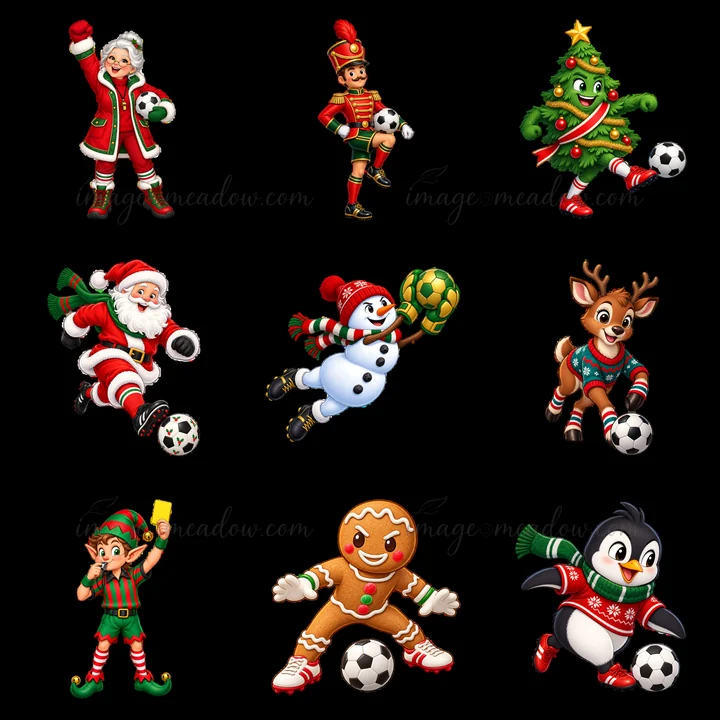 A collection of cartoon stickers featuring Christmas characters playing soccer. The characters include Santa, a reindeer, a snowman, an elf, and a gingerbread p