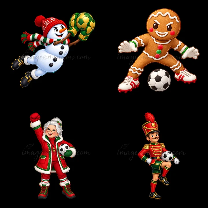 A snowman is catching a soccer ball, a gingerbread man is kicking, Santa is cheering, and a toy soldier is dribbling the ball. This festive illustration combine
