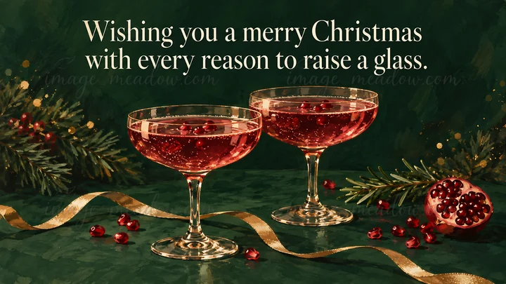 Painterly Christmas greeting with cream lettering above two coupe glasses of red sparkling drink, evergreen branches, scattered berries, a halved pomegranate, a
