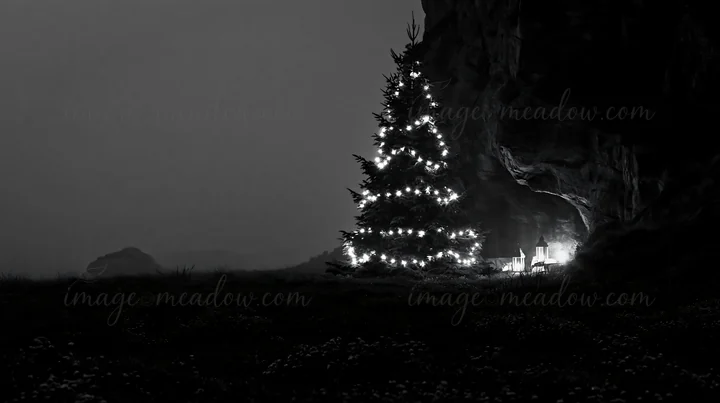 A Christmas tree is illuminated with lights, standing in a meadow next to a cave during dusk. The scene captures a tranquil moment in nature with soft lighting
