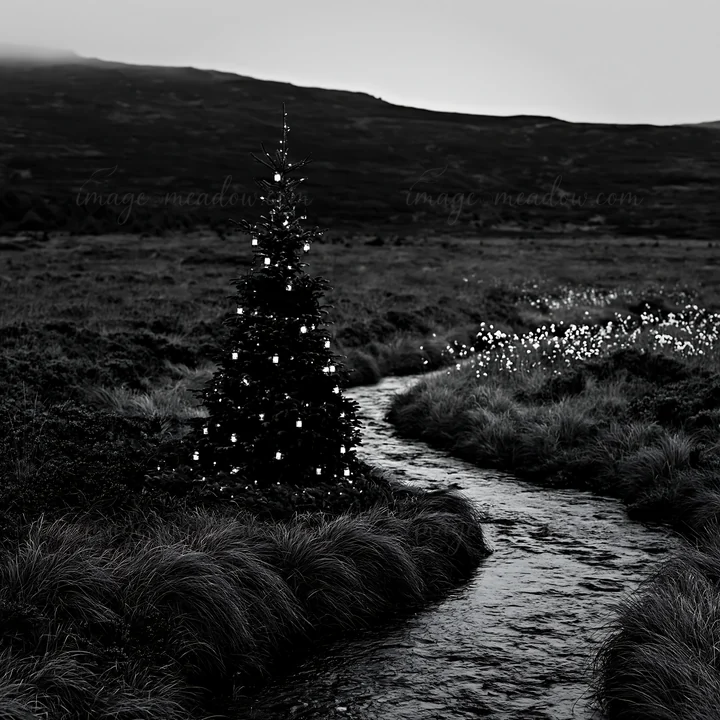 A Christmas tree stands next to a flowing stream in a grassy meadow. The scene is set in winter, with decorations on the tree illuminating the surroundings.