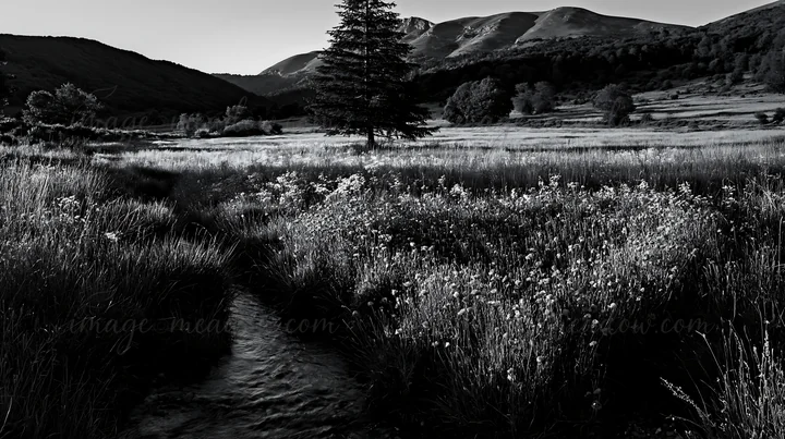 A Christmas tree stands near a flowing stream in a meadow. The scene features rolling hills covered in grass and wildflowers. The setting captures nature's beau