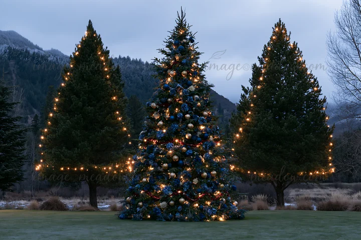 A Christmas tree stands in a valley meadow surrounded by two trees. The tree is decorated with various ornaments. Soft lights illuminate the scene as dusk falls