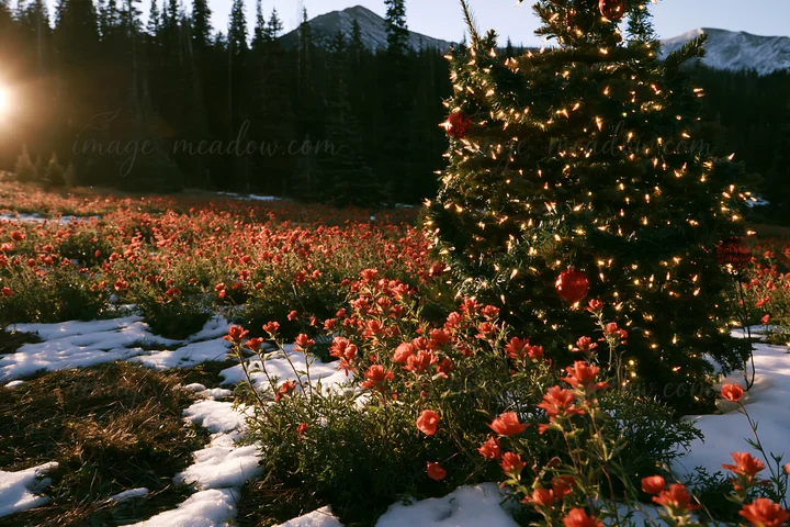 A Christmas tree stands in a deep mountain meadow, surrounded by snow and flowers. The scene captures the contrast of festive lights against the winter landscap