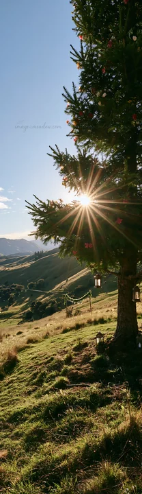 A Christmas tree stands in a meadow surrounded by hills, softly lit by afternoon rays. The landscape features green grass and distant hills under a clear sky, c