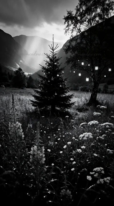 A Christmas tree stands in a mountain valley meadow filled with wildflowers. Lanterns hang on nearby trees, and soft rays of light filter through the mountains