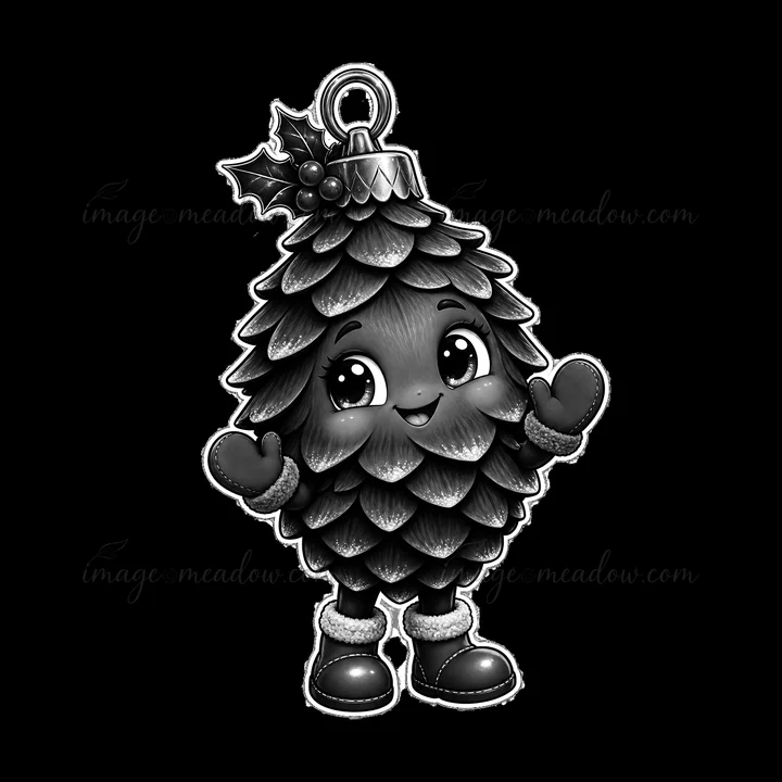 A cheerful character resembling a pine cone stands with a smile. It has a decorative loop at the top and holly on its head. The figure features gloves and boots