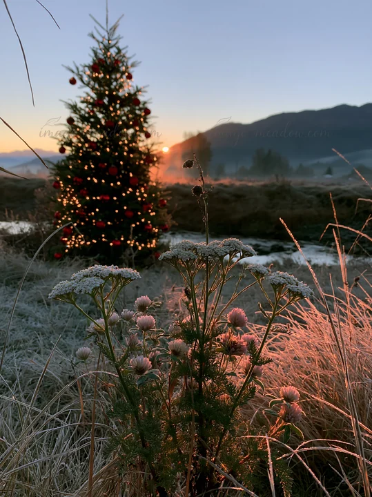 A Christmas tree with lights stands beside a stream in a meadow during sunset. Grass and wildflowers grow in the foreground. The sky shows colors of dusk as the