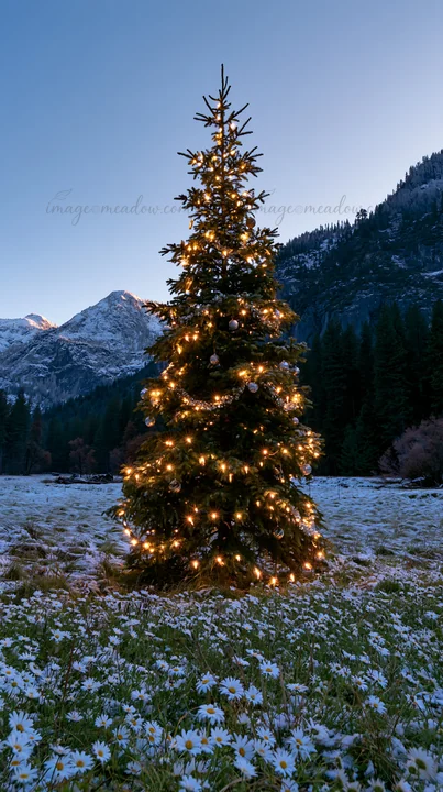 A Christmas tree with lights stands in a snowy meadow surrounded by mountains. Snow covers the ground and flowers can be seen in the foreground. The scene captu
