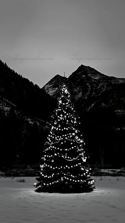 A decorated Christmas tree stands in a snowy meadow surrounded by mountains. The tree is illuminated with lights, contrasting against the evening sky and the da