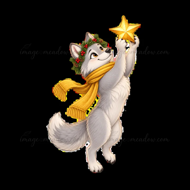 A cheerful wolf character stands proudly with a golden star in its paws, wearing a yellow scarf and a festive wreath on its head. This illustration embodies the