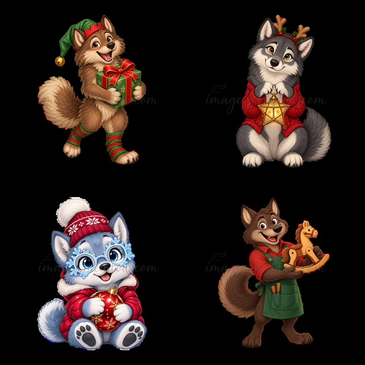 Four cartoon wolves in Christmas attire. One wolf holds a gift, another has antlers and a star, a third wears glasses with a decoration, and the last holds a wo