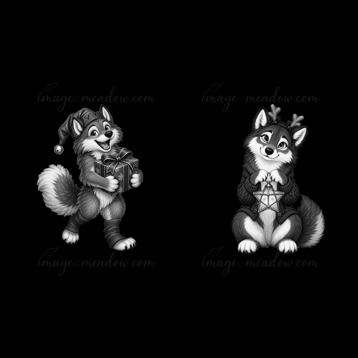 Two cartoon wolves celebrate Christmas. One wolf wears a Santa hat and holds a gift, while the other has reindeer antlers and holds a star. The monochrome desig