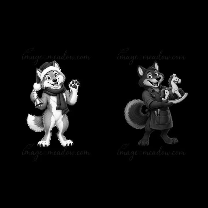 Two cartoon wolves are celebrating Christmas. One is wearing a Santa hat and scarf while holding a candy cane. The other is dressed in an apron and holding tool
