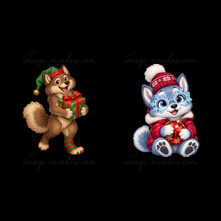 Two cartoon wolves celebrate Christmas. One wolf carries a wrapped gift with a red ribbon. The other wolf sits with a red sweater and holds a decorated ornament