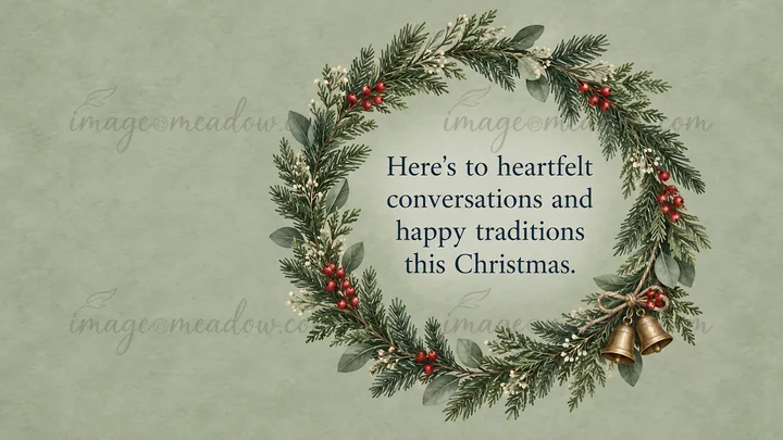 An evergreen wreath decorated with red berries, pale foliage and hanging brass bells frames a heartfelt Christmas greeting on a muted sage green textured backgr