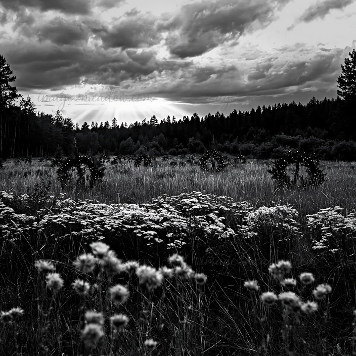 Christmas wreaths are placed in a meadow filled with wildflowers. Dark clouds loom overhead, while sunlight breaks through, creating a dramatic atmosphere in th
