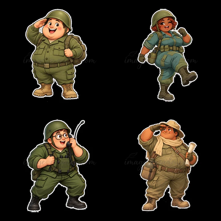 Four cute and ultra-chubby soldiers display different poses and uniforms. One salutes, another stands with hands on hips, a third holds a radio, and the last sa