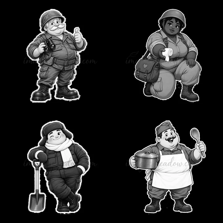 This illustration features four chubby cartoon soldiers in black and white. Each soldier has a distinct pose and accessory, showcasing different roles within a