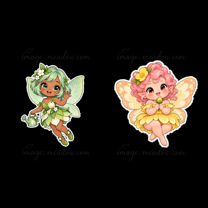 Two cute chubby fairies stand side by side. One has green hair and holds a watering can, while the other has pink hair and smiles. Both are adorned with flowers