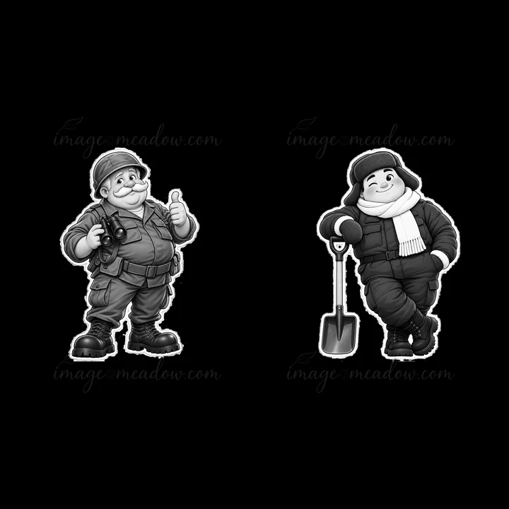 A pair of cute, ultra-chubby soldiers displays unique characteristics. One wears a camera and gives a thumbs-up, while the other leans casually with a shovel. B