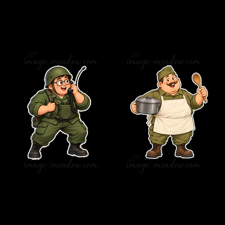 A chubby soldier wears a green uniform and is talking on a radio. Beside him, a cheerful chef in a white apron holds a cooking pot and a wooden spoon. Both char