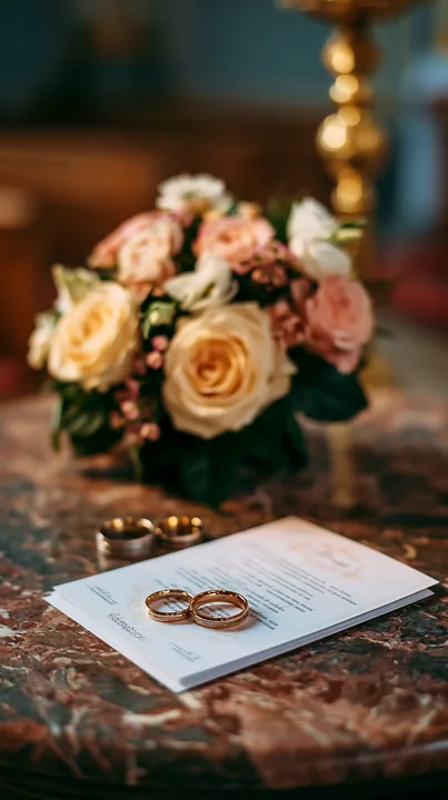 Church wedding invitation beside gold rings and a floral bouquet on a marble table.