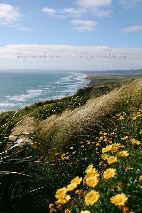 A clifftop meadow features wildflowers and tall grass overlooking the ocean. Waves break along the shore under a blue sky with clouds. This spot captures a coas